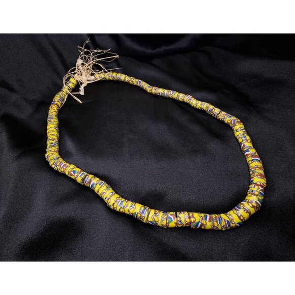 Vintage Long African Trade Bead Necklace Yellow Glass Multicolor